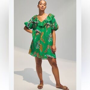 H&M V-neck Balloon-sleeved Butterfly Dress green tie back ruffle neckline Sz L